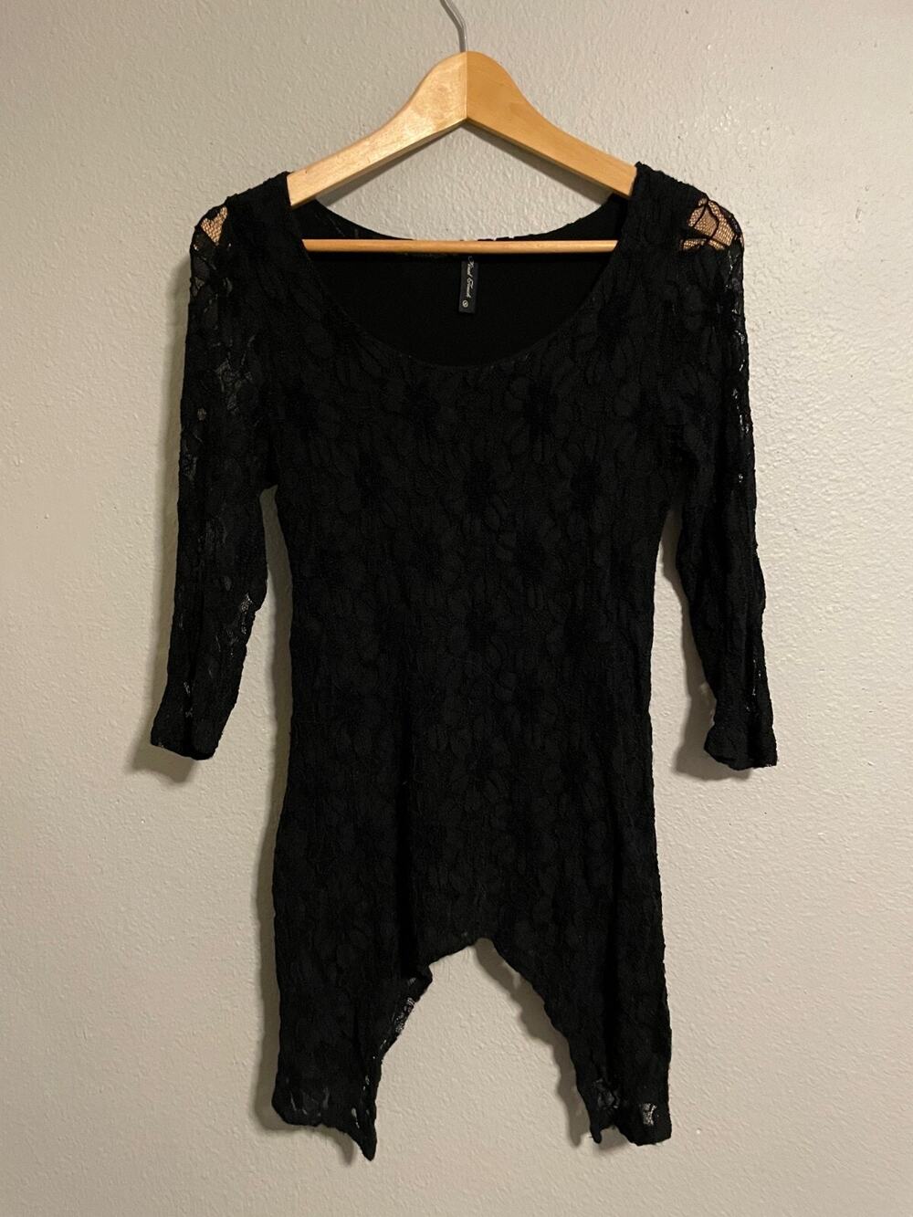 Womens Tunic Small Black Floral Lace Mesh Sharkbite Hem Witchy Whimsigoth Y2K
